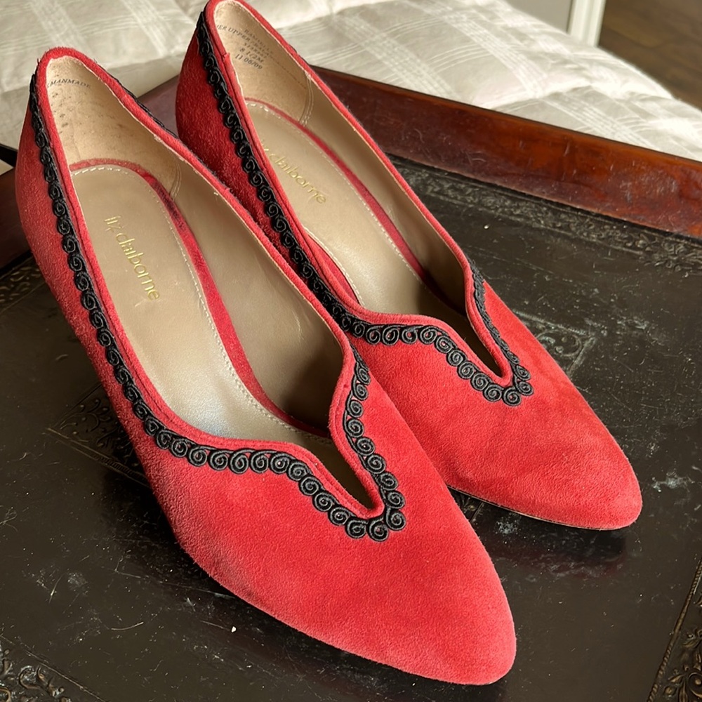 Red suede pumps